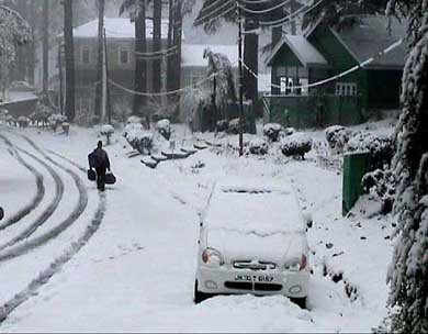A view of Patnitop, the popular tourist spot near Jammu, after heavy snowfall on Monday