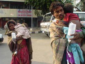 The parents of measles-affected Krishna and Parvati take them to Civil Hospital in Ludhiana