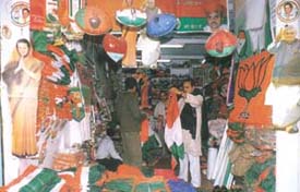 Election paraphernalia of various political parties is in great demand at Sadar Bazar