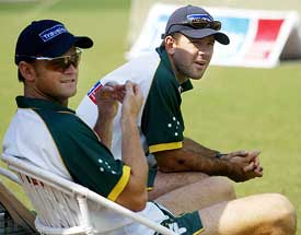 Australian captain Ricky Ponting and his deputy Adam Gilchrist watch a practice session 