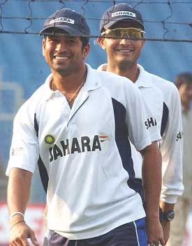 Sachin Tendulkar and skipper Sourav Ganguly share a light moment in Kolkata 