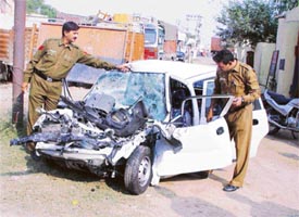 The wreckage of a car which met with an accident, killing two persons in Ambala