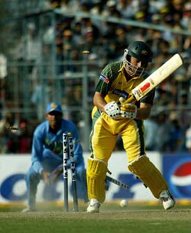 Australian batsman Adam Gilchrist is bowled by Ajit Agarkar 