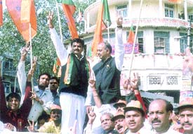 Union minister Vijay Goel at the BJP election office in Sitaram Bazar