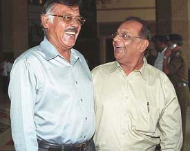 Spinning greats E.A.S. Prasanna and  Srinivas Venkatraghavan at the BCCI organised spinners conclave meet in Kolkata 