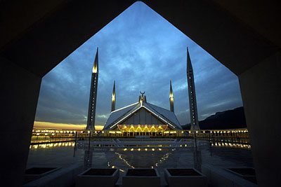 Islamabad's Faisal Mosque is bathed in light on the 27th night of the fasting month of Ramzan