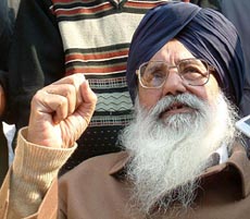 Mr Parkash Singh Badal, President, Shiromani Akali Dal, in a fiery mood at a Press conference in Valla village, near Amritsar