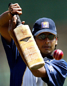 Sri Lanka�s Kumar Sangakkara plays a shot during a training session