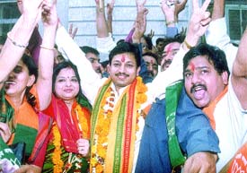 The BJP candidate from Minto Road constituency, Mr Manoj Jain, with his supporters