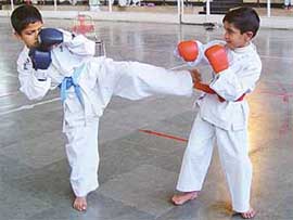 Danish (in red) and Pukhraj (in blue) in action on the opening day of the Chandigarh State Karate meet at Sector 10 Skating Rink on Saturday.
