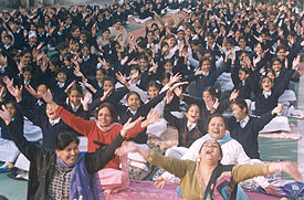 Students take part in a yoga camp organised by the Vishva Yog Sansthan at Sanatan Vidya Mandir Senior Secondary School, Civil Lines