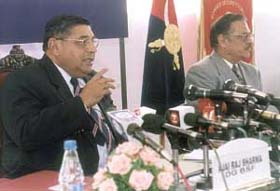 Border Security Force Director-General Ajai Raj Sharma addressing a press conference on the eve of the 38th BSF Raising Day celebrations in the Capital