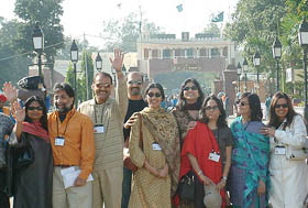 Members of the Indian chapter of the Young Presidents Organisation at the Wagah check-post before crossing over to Pakistan on a goodwill visit on Saturday. 