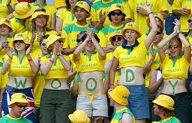 The "Fanatics", a section of Australian tennis supporters, form the word "Woody" on their stomachs in reference to Australia's doubles player Todd Woodbridge during Australia's win over Spain in the doubles match of the Davis Cup final in Melbourne 