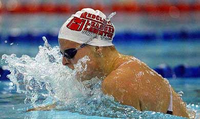 Australian swimmer Leisel Jones races to a world record win in the 200 meter breaststroke women's final at the World Cup Swimming championship in Melbourne on Saturday