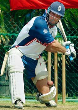 England's Graham Thorpe hits a shot during a training session in Galle, Sri Lanka, 