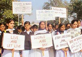 Students of Master Tara Singh College take part in an AIDS awareness rally on World AIDS Day in Ludhiana.