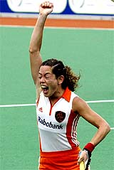 Macha van der Vaart from the Netherlands celebrates after scoring against South Korea at the Women's Champions Trophy hockey tournament in Sydney on Tuesday