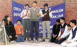 Kashmiri children from the Valley and Delhi present a play during a two-day children's theatre festival