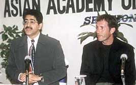 French actor Jean Marie Lamour and AAFT chief Sandeep Marwah interacting with the students.