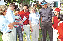 The UK-based PGA tea with trainees at the end of the teaching session at Chandigarh Golf Club on Thursday. 