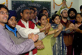 First year students of MBBS present a musical item during National Communal Harmony Week