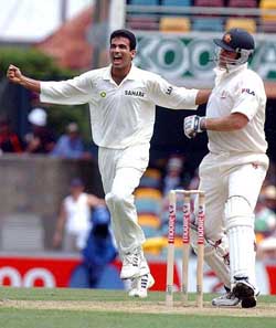 Zaheer Khan celebrates after dismissing Australian opener Matthew Hayden