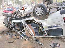 Mangled remains of a Tata Qualis that overturned after a head-on collision with a truck on the Kalka-Ambala National Highway-22 near Zirakpur on Saturday night.