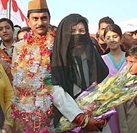 Maqbool Ahmad with his bride, Tahira Hazur, in Qadian on Sunday.
