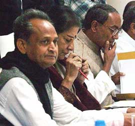 Former Rajasthan Chief Minister Ashok Gehlot, All India Congress Committee's general secretary Ambika Soni and former Chief Minister of Madhya Pradesh Digvijay Singh at the Congress Working Committee meeting in New Delhi 