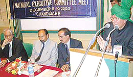 The Haryana Chief Minister, Mr Om Prakash Chautala, addresses the inaugural session of the two-day executive meet of the Indian Journalists Union at a resort near Chandigarh on Tuesday.