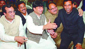 Ajay Maken, Haroon Yusuf, Dr. A.K. Walia and Raj Kumar Chauhan during a CLP meeting at AICC office