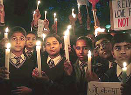 Students take part in a candlelight procession on World Human Rights Day in Sector 17, Chandigarh, on Wednesday. 