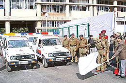 The Adviser to the Chandigarh Administrator, Mr Lalit Sharma, flags off a fleet of Chandigarh police Gypsies at the UT Police Headquarters on Wednesday.