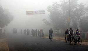 With the setting of winter, thick fog engulf a road in Allahabad 