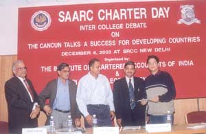 A student of Shri Ram College of Commerce, Permanent Secretary of South Asian Federation of Accountants, Dr Ashok Haldia, and the panel of judges during an inter-college competition organised by the Institute of Chartered Accountants of India and Shri Ram College of Commerce on the occasion of SAARC Charter Day.