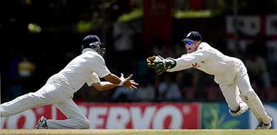 England wicketkeeper Chris Read and teammate Nasser Hussain dive to take a catch to dismiss Sri Lankan opener Sanath Jayasuriya 