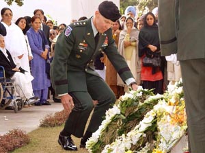 The Commander of the US Army, Pacific Command, Lieut-Gen James Campbell, lays a wreath on the coffin of Uday Singh, in Chandigarh on Thursday