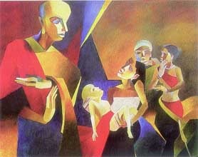 Moksha consoling woman: a work of Niren Sen Gupta.