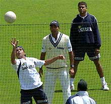 Indian cricketers play volleyball during practice session in Adelaide on Thursday