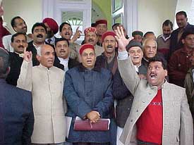 Himachal BJP leaders protest in front of the Himachal Vidhan Sabha after a walkout over the Katwal tapes
