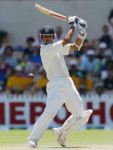 Rahul Dravid hits a four during on the fourth day of the second Test against Australia in Adelaide on Monday