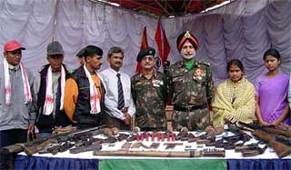 Lieut-Gen Mohinder Singh, GOC, 4 Corps, along with surrendered cadres of the militant outfits
