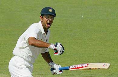 Rahul Dravid reacts after hitting the winning run