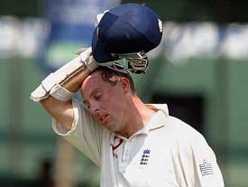 England opener Marcus Trescothick wipes his face during his knock of 70 on the first day of the third and final Test match against Sri Lanka in Colombo on Thursday