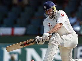 England's Andrew Flintoff hits a boundary on the first day of the third and final Test match against Sri Lanka in Colombo on Thursday