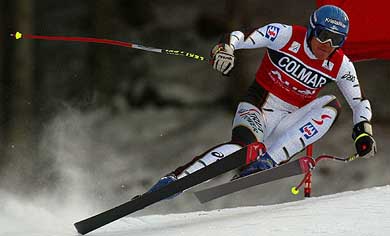 Austria's Michael Walchhofer clears a gate during a practice run at the Ski World Cup men's downhill race in Italy on Thursday