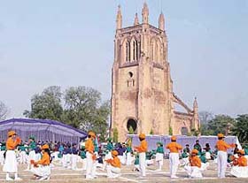 Students perform at Air Force Public School's annual sports day function in Ambala on Tuesday