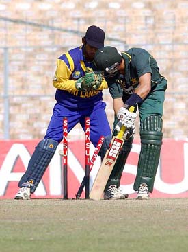 Pakistan 'A' team captain Afridi is bowled by Herath