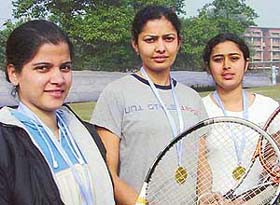 Harsimran Bedi Ritu Bala and Kriti Pasi, of GGDSD College, Sector 32, who won the Panjab University Inter College Tennis Meet in Chandigarh